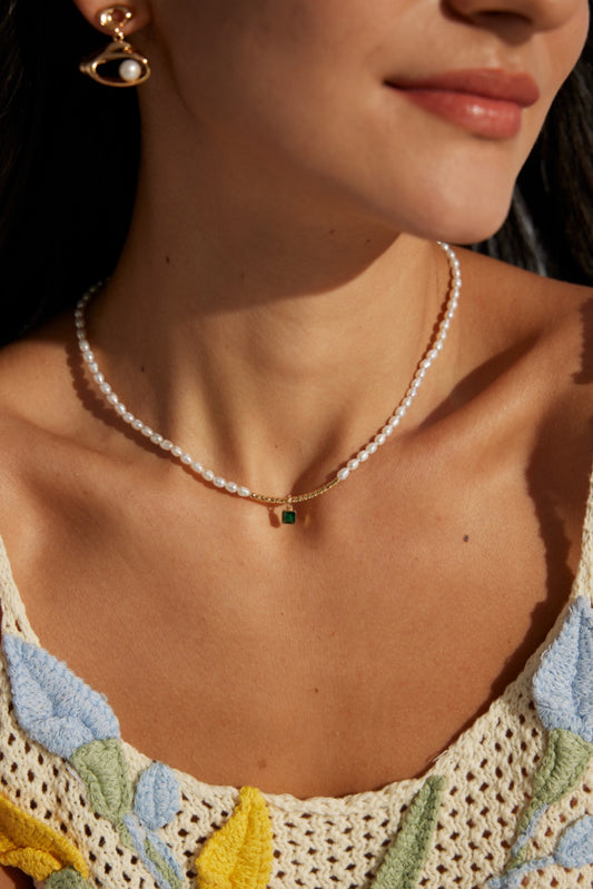 Pearl Necklace with Green Zircon Pendant